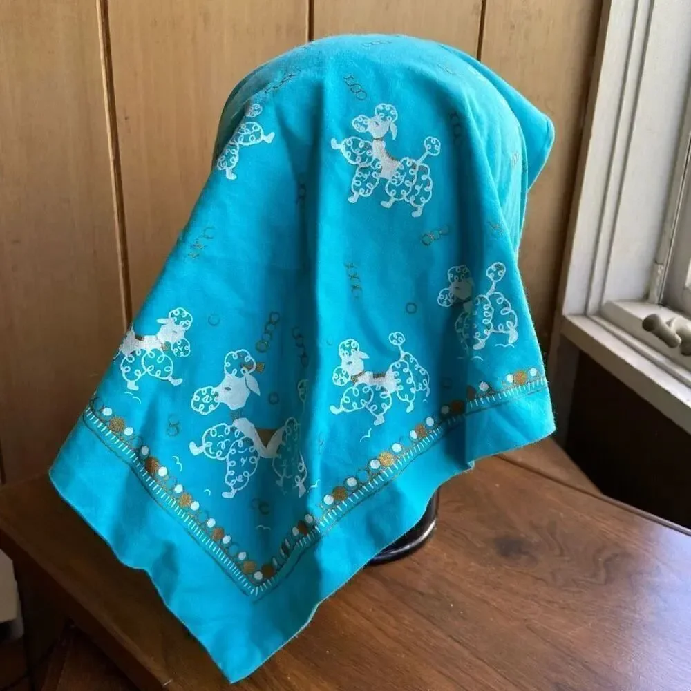 Vintage 50s Billed Blue Poodle Print Headscarf Handkerchief